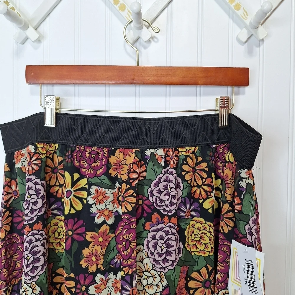 LuLaRoe Womens Lola Pull On Lined Midi Skirt 3XL‎ Black Purple Green Floral New